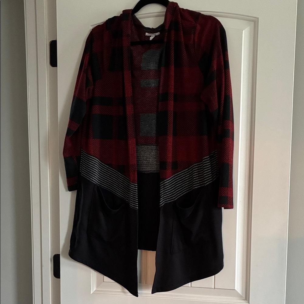 Maurices Red and Black Plaid Cardigan